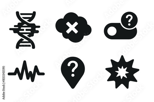 Quantum Mutation Icons. Solid style icons of quantum mutation theory: DNA strand with wave glitch, mutation cloud icon,
