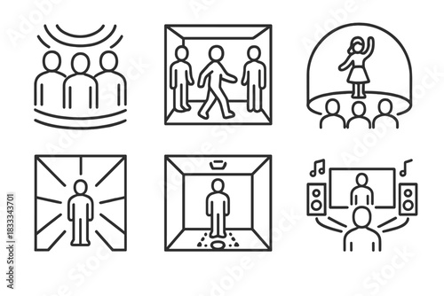 Immersive Hologram Icons. Line style icons of immersive hologram experiences: audience surrounded by light, walk-through avatar