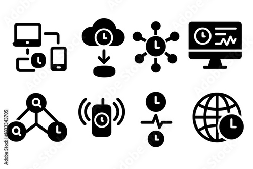 IoT Time Sync Icons. Solid style icons of IoT time synchronization: connected devices with clock symbols, unified timestamp cloud,