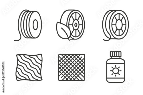 3D-Printed Material Icons. Line style icons of materials used in 3D-printed clothing: flexible TPU filament, biodegradable PLA