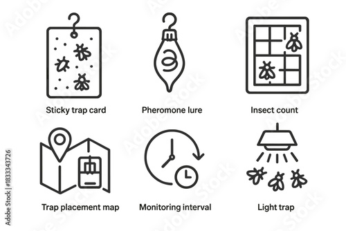 Pest Monitoring Icons. Line style icons of Pest Monitoring Systems: sticky trap card, pheromone lure, insect count board, light