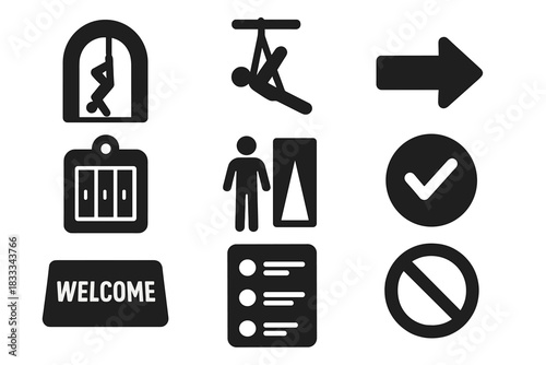 Yoga Studio Signage. Solid style icons of studio signage and wayfinding: gravity yoga entrance icon, hanging pose sign badge,