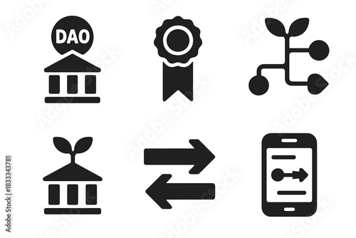 DAO Evolution Icons. Solid style icons of DAO evolution and forks: DAO version icon, governance fork badge, upgrade path chart.