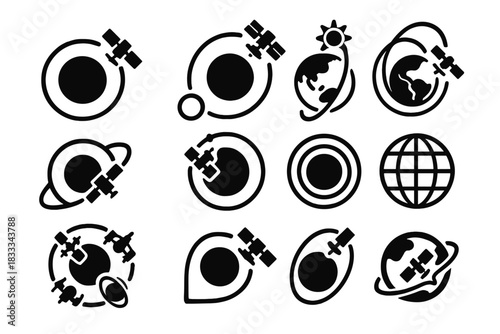 Satellite Orbit Icons. Solid style icons of satellite orbits: geostationary satellite, polar orbit, sun-synchronous path, low