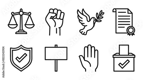 Justice and Freedom Icons Pack Symbolizing Law, Rights, and Democracy for Social Advocacy and Political Campaigns. Originally a scalable vector graphic
