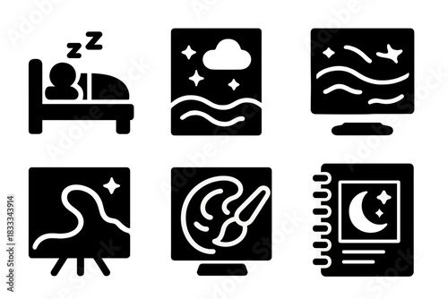 Dream-Inspired Iconic Art. Solid style icons of dream-state reactive paintings: sleeping viewer panel, subconscious response slab,