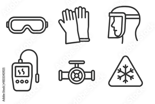 Cryogenic Safety Icons. Line style icons of cryogenic safety equipment: safety goggles, insulated gloves, face shield icon, gas