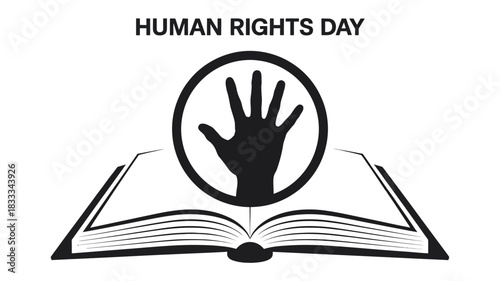 Empowering Human Rights Day awareness: Hand symbol with educational book for social justice and equality advocacy, ideal for campaigns