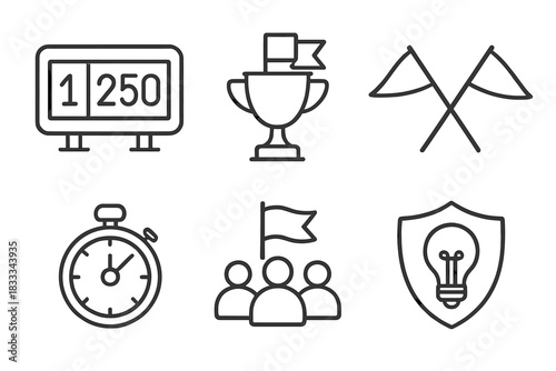 Ethical Hacking Icons. Line style icons of ethical hacking competitions: CTF scoreboard icon, capture-the-flag trophy, challenge
