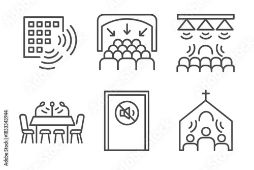 Public Space Acoustic Icons. Line style icons of Public Space Acoustics: concert hall diffusion panel, auditorium with sound