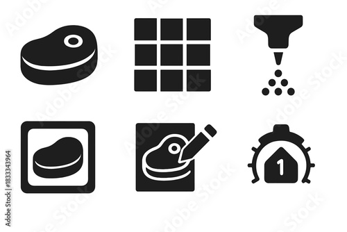 3D Meat Icon Design. Solid style icons of meat prototype design: 3D meat model, texture grid, ingredient simulation chart. Shape