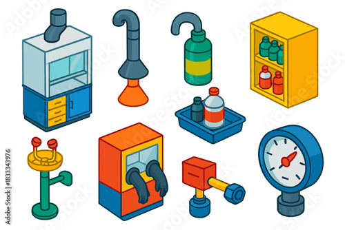 Science Lab Equipment. Isometric vector illustration set Science lab equipment – fume hood, exhaust vent, safety sash; chemical