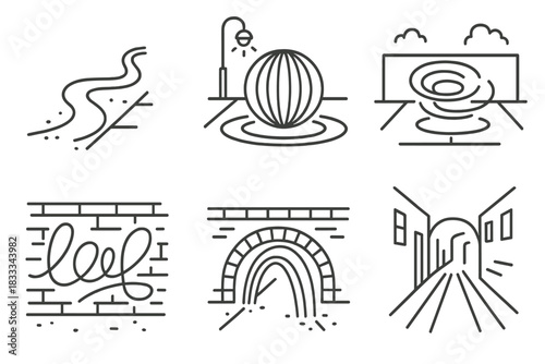 Urban Light Icons. Line style icons of urban light painting: light trail on sidewalk, street glow orb, parking lot swirl, light