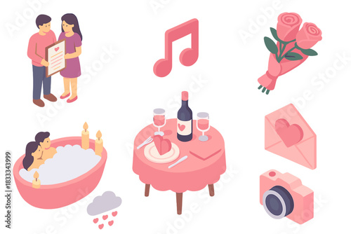 Romantic Isometric Illustration. Isometric vector illustration set of Romantic & Love: couple holding framed vows, heart music