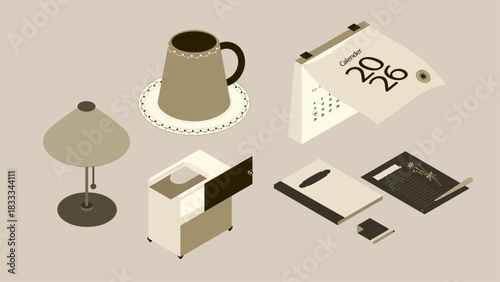 Isometric cozy desk essentials with vintage office items in neutral tones