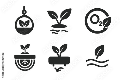Floating Indoor Gardens Icons. Solid style icons of floating indoor gardens: plant pod glyph, rootless icon, oxygen badge. Growth