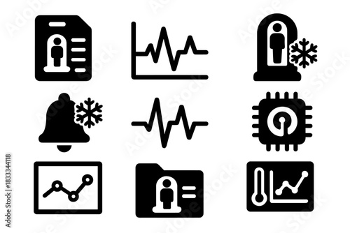 Cryonics Monitoring Icons. Solid style icons of cryonics data monitoring: digital chamber logs, biometric trend graph, real-time
