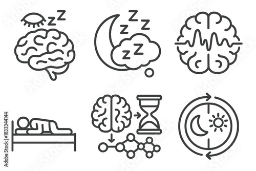 Sleep and Brain Icons. Line style icons of sleep and neuroplasticity: REM cycle brain, dream symbol, brainwave during sleep,