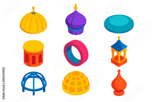 Colorful Dome Designs. Isometric vector illustration set Domes – hemispherical dome, onion dome, saucer dome; drum cylinder,