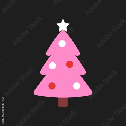 Vector illustration of cute pink Christmas tree icon with red and white ornaments and a white star on top, isolated on black background. Cute festive holiday element in flat style.