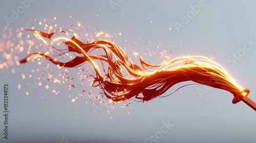 Red ribbon with a sword on the end. The ribbon is in the air and has a lot of sparks coming off of it