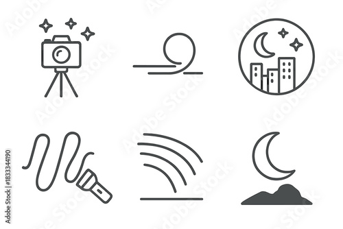 Night Photography Icons. Line style icons of low-light and night photography: tripod under stars, long exposure trail, night city