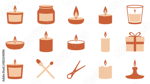 Cozy candles and gift box illustrations for relaxing spa day designs and aromatherapy branding. Vector elements for self-care promotions