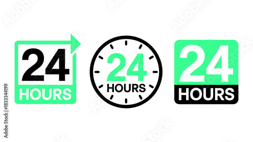 Modern 24 Hour Service Icon Set for Business Open Around the Clock; Vector Graphic for Delivery, Support, Retail, and Emergency Services