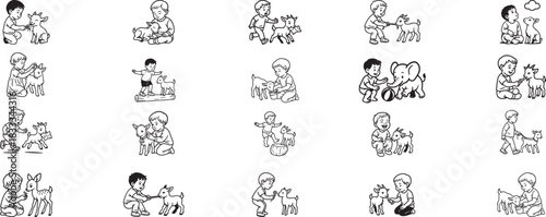 Children interacting with goats and other animals in line art