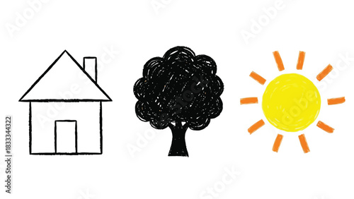 Simple handdrawn icons representing home, tree and sun for concept illustration