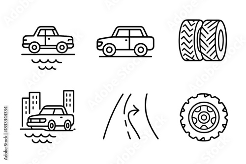 Amphibious Car Icons. Line style icons of amphibious car on land: vehicle on road with splash icon, amphibious car parked,