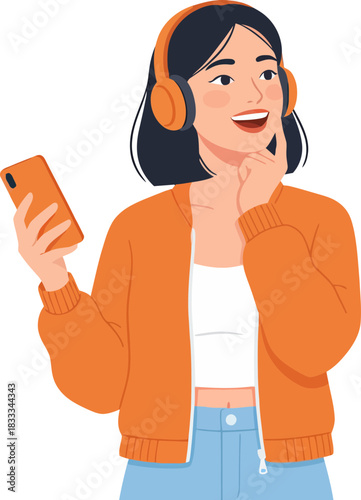 Cheerful young woman listening to music with headphones and holding a smartphone with a cheerful expression on a transparent background