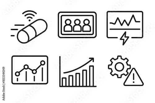Data Analytics Icons. Line style icons of data and analytics: real-time capsule movement, passenger count screen, energy use graph