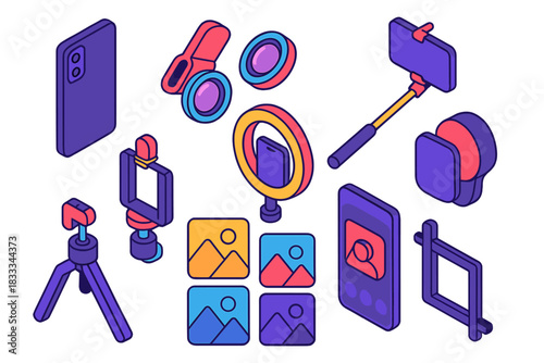Photography Equipment Icons. Isometric vector illustration set Film and photography – smartphone camera, clip-on lens kit, selfie