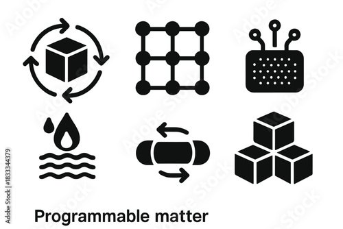 Programmable Matter Icons. Line style icons of Programmable Matter: shape-shifting cube, molecular structure grid, smart material