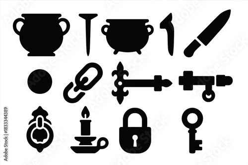 Traditional Metalwork Icons. Solid style icons of Traditional Metalwork: Bronze Vessel, Iron Nail, Copper Pot, Steel Blade, Rivet,