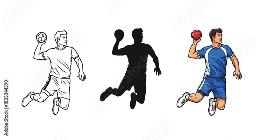 Set of three handball player illustrations showing a jump throw action in line art, silhouette and full color