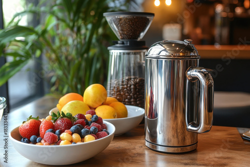 Bowl of fruit and coffee pot on table.