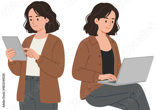 Young woman multitasking with digital devices in casual attire on black background for remote work and digital lifestyle themes