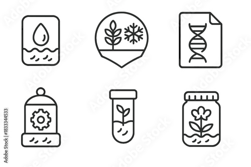 Cryogenics in Agriculture Icons. Line style icons of cryogenics in agriculture: seed cryopreservation icon, cold-stored crop badge