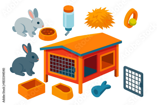 Bright Farm Animal Icons. Isometric vector illustration set Farm animals – rabbit, bunny, hutch cage; feeding bowl, water bottle,