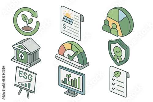 Ethical Investing Icons. Isometric vector illustration set of Ethical investing: environmental return icon, solar savings report,