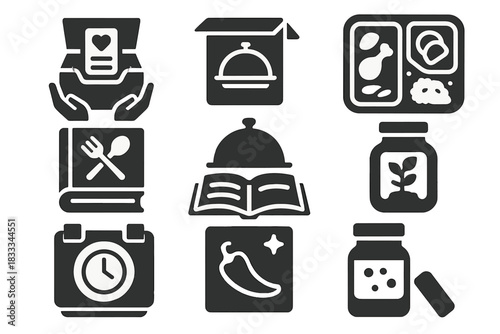 Cultural Meal Icons. Solid style icons of heritage meal kits: generational recipe box, family dish starter pack, culture capsule