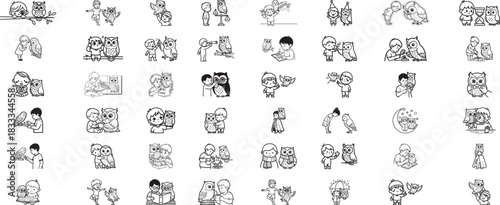 Collection of children and owls in various activities