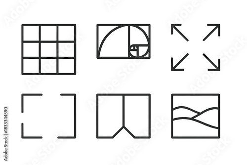 Photographic Composition Icons. Line style icons of photographic composition: rule of thirds grid, golden ratio spiral, leading
