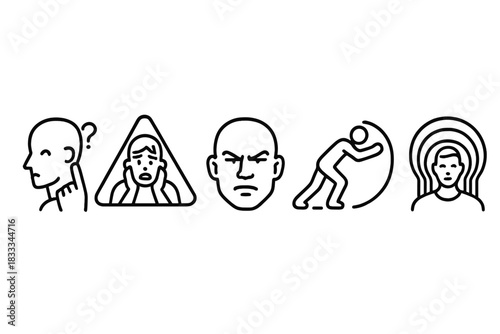 Mental Challenge Icons. Line style icons of mental challenges during OCR: moment of hesitation, fear at height symbol, mental