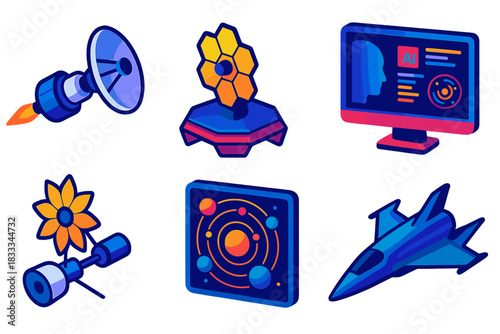 Futuristic Space Exploration. Isometric vector illustration set Future Exoplanet Exploration: interstellar probe, next-gen space