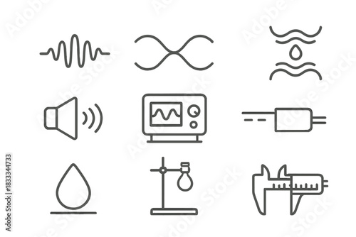 Wave-Based Levitation Icons. Line style icons of Wave-Based Levitation: Sound Wave, Standing Wave, Levitated Drop, Gravity