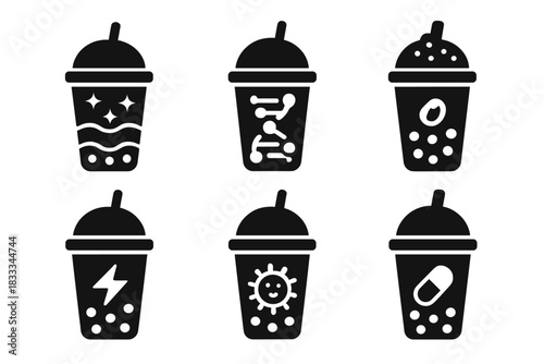 Innovative Bubble Tea Icons. Solid style icons of experimental bubble tea recipes: glowing tea layers, unusual pearl shapes,