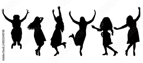 Cheerful women silhouettes in various poses, set. Vector illustration